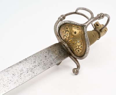 Lot 144 - Late 17th century Swiss Officer's sabre with brass lion's head pommel, steel and brass semi- basket guard with thumb ring, original wire bound grip, curved blade with armourers marks, the blade 85...