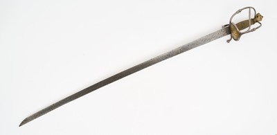 Lot 144 - Late 17th century Swiss Officer's sabre with brass lion's head pommel, steel and brass semi- basket guard with thumb ring, original wire bound grip, curved blade with armourers marks, the blade 85...