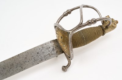 Lot 144 - Late 17th century Swiss Officer's sabre with brass lion's head pommel, steel and brass semi- basket guard with thumb ring, original wire bound grip, curved blade with armourers marks, the blade 85...