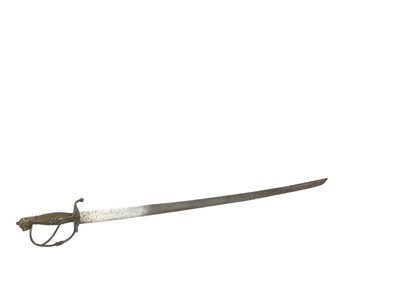 Lot 144 - Late 17th century Swiss Officer's sabre with brass lion's head pommel, steel and brass semi- basket guard with thumb ring, original wire bound grip, curved blade with armourers marks, the blade 85...