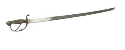 Lot 144 - Late 17th century Swiss Officer's sabre with brass lion's head pommel, steel and brass semi- basket guard with thumb ring, original wire bound grip, curved blade with armourers marks, the blade 85...