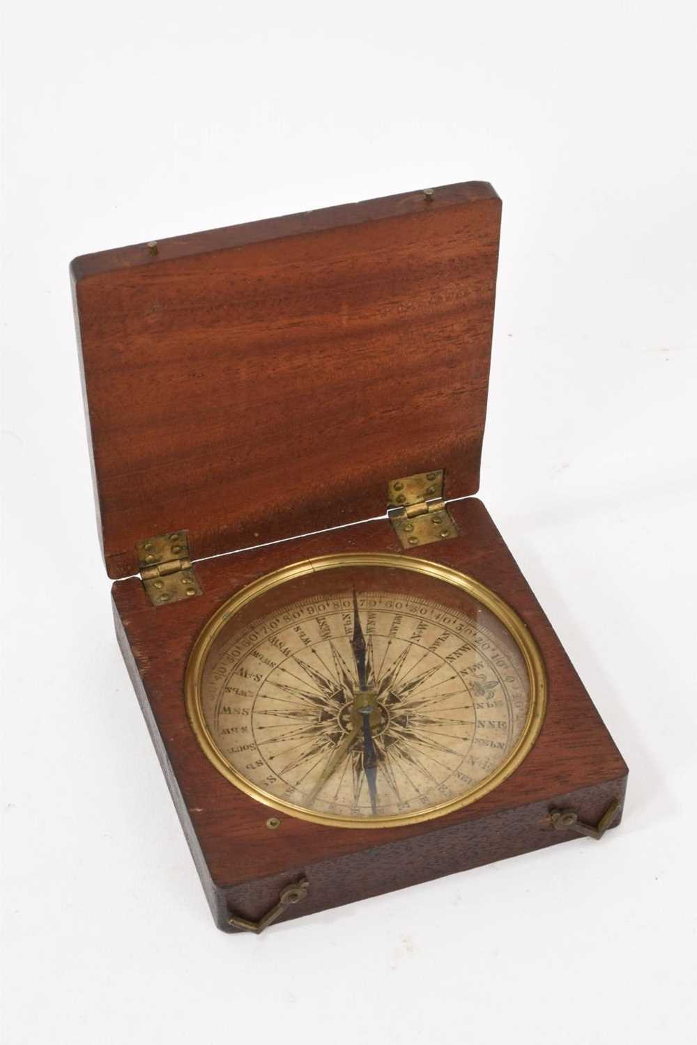 Lot 935 - Late 18th century mahogany cased pocket compass, square folding case 9cm wide