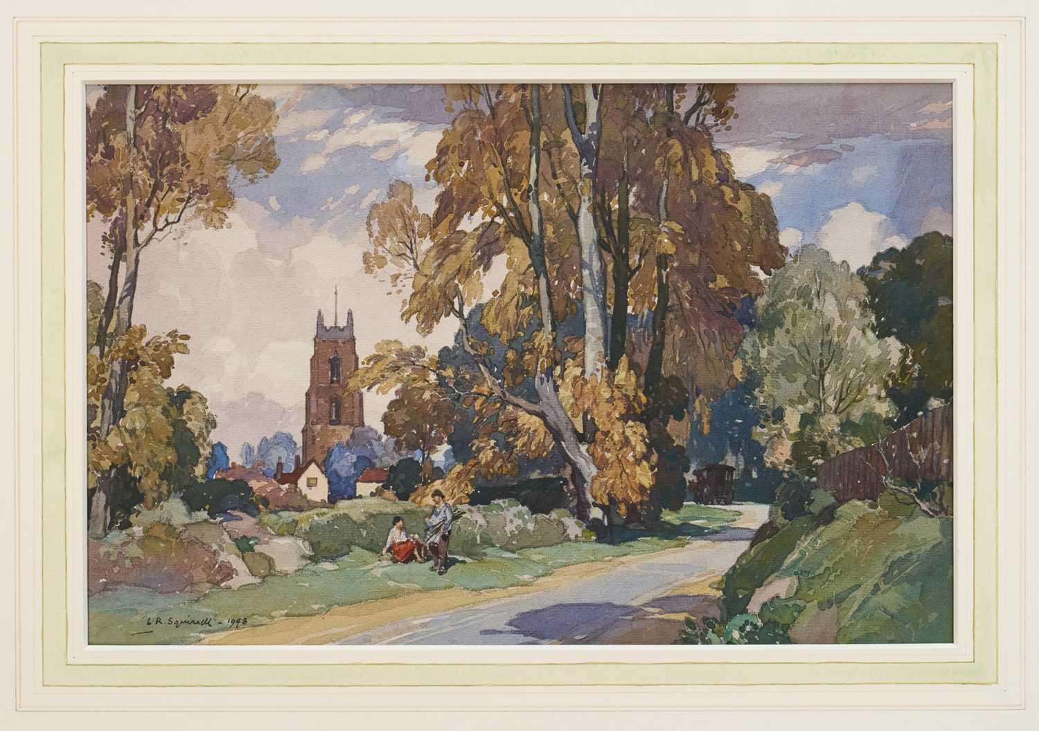 Lot 1250 - Leonard Russell Squirrell (1893-1979) watercolour - Stoke by Nayland, from the Nayland Road, signed and dated 1943, titled verso, 26.5cm x 40.5cm, in glazed frame