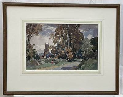 Lot 1250 - Leonard Russell Squirrell (1893-1979) watercolour - Stoke by Nayland, from the Nayland Road, signed and dated 1943, titled verso, 26.5cm x 40.5cm, in glazed frame