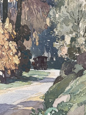 Lot 1250 - Leonard Russell Squirrell (1893-1979) watercolour - Stoke by Nayland, from the Nayland Road, signed and dated 1943, titled verso, 26.5cm x 40.5cm, in glazed frame
