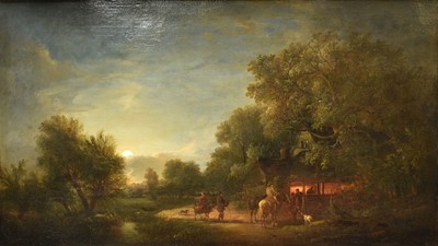 Lot 1328 - John Berney Crome (1794-1842) oil on canvas - Wayfarers at the Smithy, Hingham, Norfolk, signed, 53.5cm x 92cm, in gilt frame
