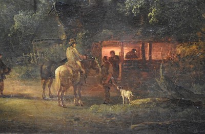 Lot 1328 - John Berney Crome (1794-1842) oil on canvas - Wayfarers at the Smithy, Hingham, Norfolk, signed, 53.5cm x 92cm, in gilt frame