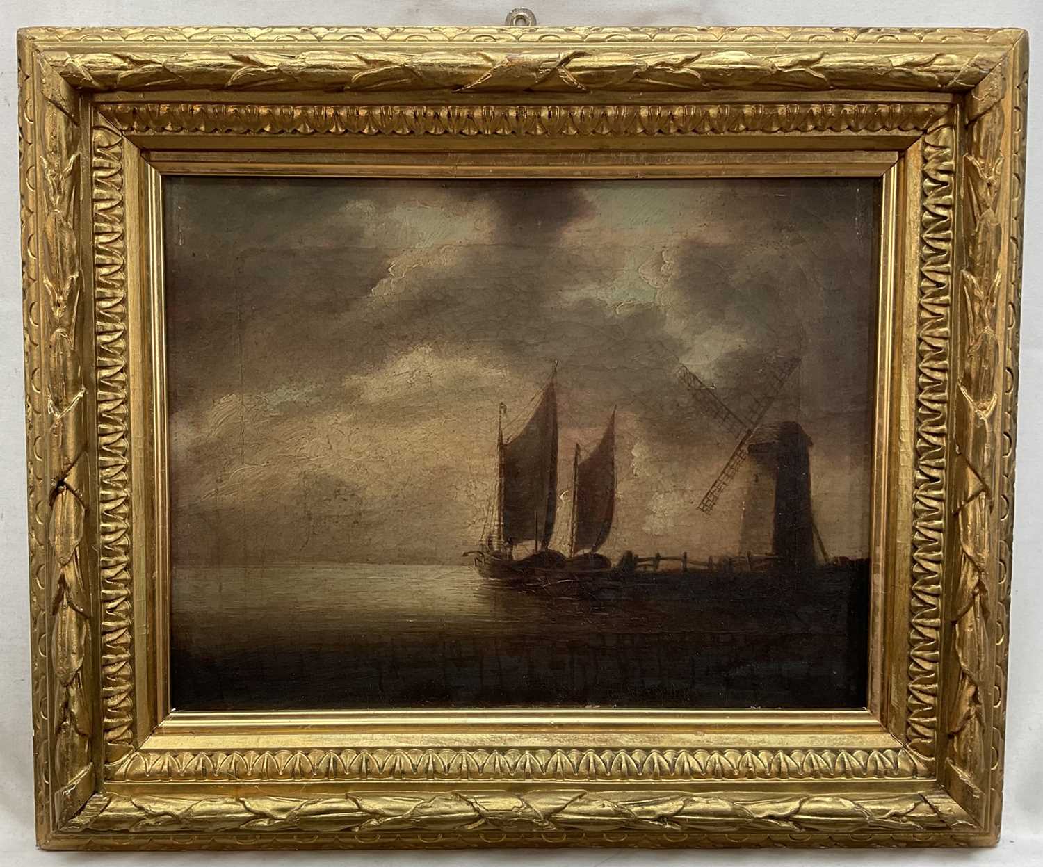 Lot 1323 - Attributed to John Crome (1768-1821) oil on canvas - Vessels beside a Windmill at Dusk, 22cm x 29cm, in gilt frame