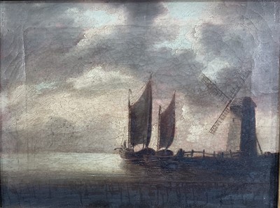 Lot 1323 - Attributed to John Crome (1768-1821) oil on canvas - Vessels beside a Windmill at Dusk, 22cm x 29cm, in gilt frame