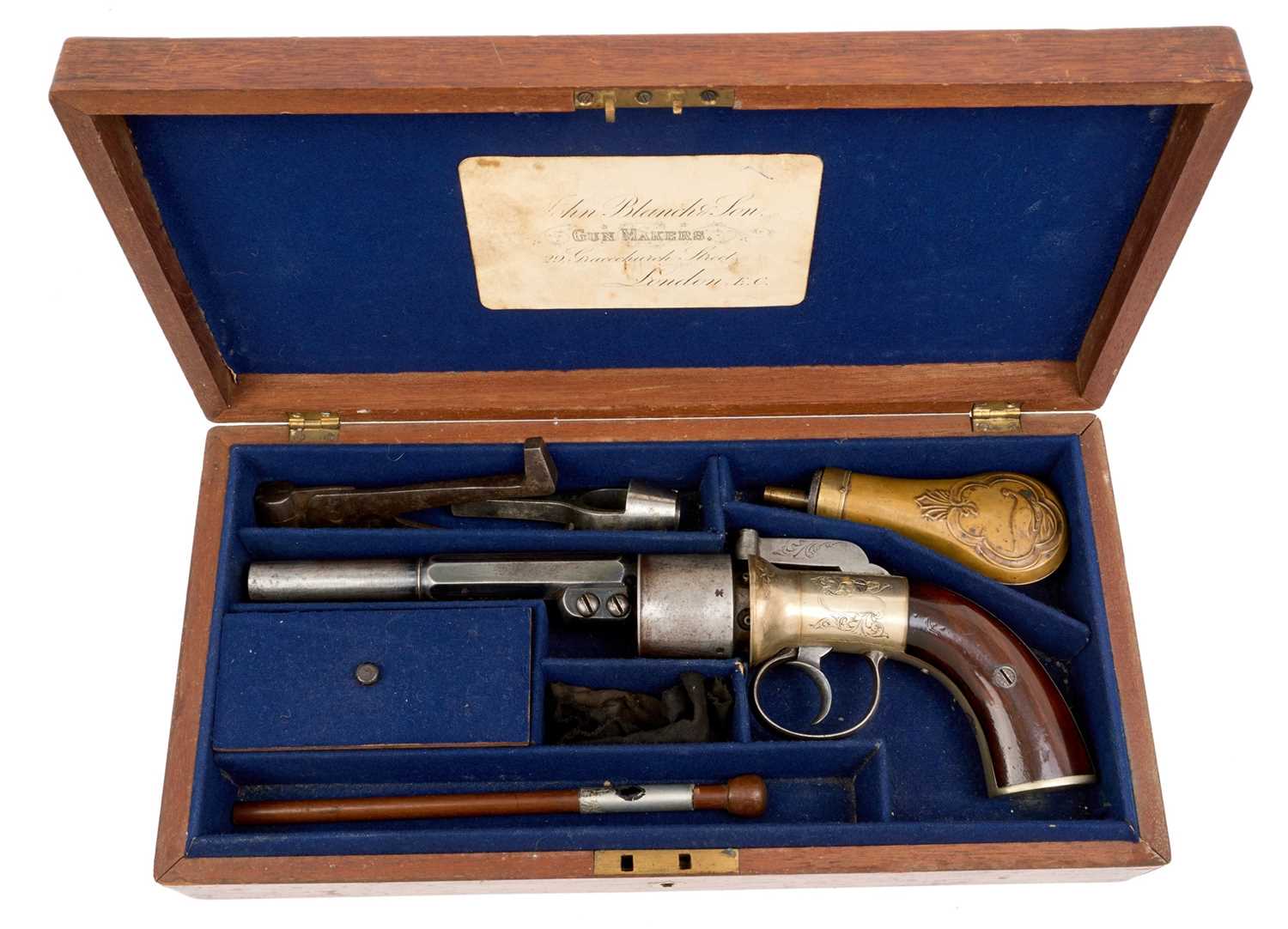 Lot 150 - Good quality Victorian percussion Transitional revolver with engraved German Silver frame with walnut grips, six shot cylinder, two stage barrel retaining much original blue finish. In original...