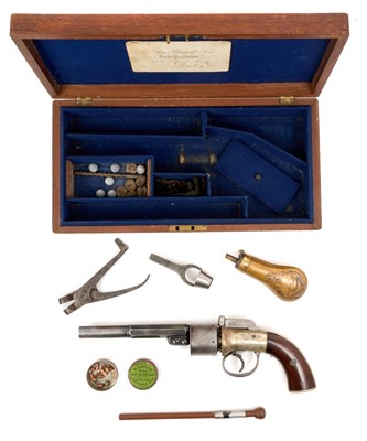 Lot 150 - Good quality Victorian percussion Transitional revolver with engraved German Silver frame with walnut grips, six shot cylinder, two stage barrel retaining much original blue finish. In original...