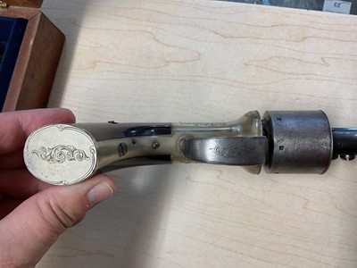 Lot 150 - Good quality Victorian percussion Transitional revolver with engraved German Silver frame with walnut grips, six shot cylinder, two stage barrel retaining much original blue finish. In original...
