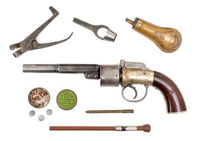 Lot 150 - Good quality Victorian percussion Transitional revolver with engraved German Silver frame with walnut grips, six shot cylinder, two stage barrel retaining much original blue finish. In original...