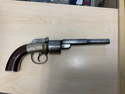 Lot 150 - Good quality Victorian percussion Transitional revolver with engraved German Silver frame with walnut grips, six shot cylinder, two stage barrel retaining much original blue finish. In original...