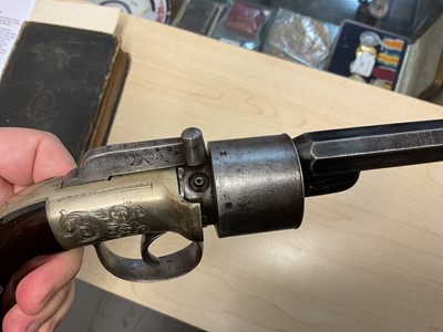 Lot 150 - Good quality Victorian percussion Transitional revolver with engraved German Silver frame with walnut grips, six shot cylinder, two stage barrel retaining much original blue finish. In original...