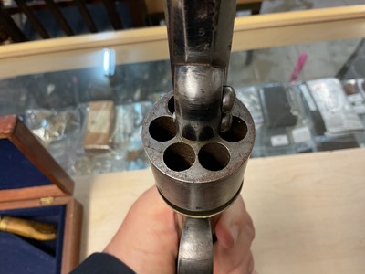 Lot 150 - Good quality Victorian percussion Transitional revolver with engraved German Silver frame with walnut grips, six shot cylinder, two stage barrel retaining much original blue finish. In original...