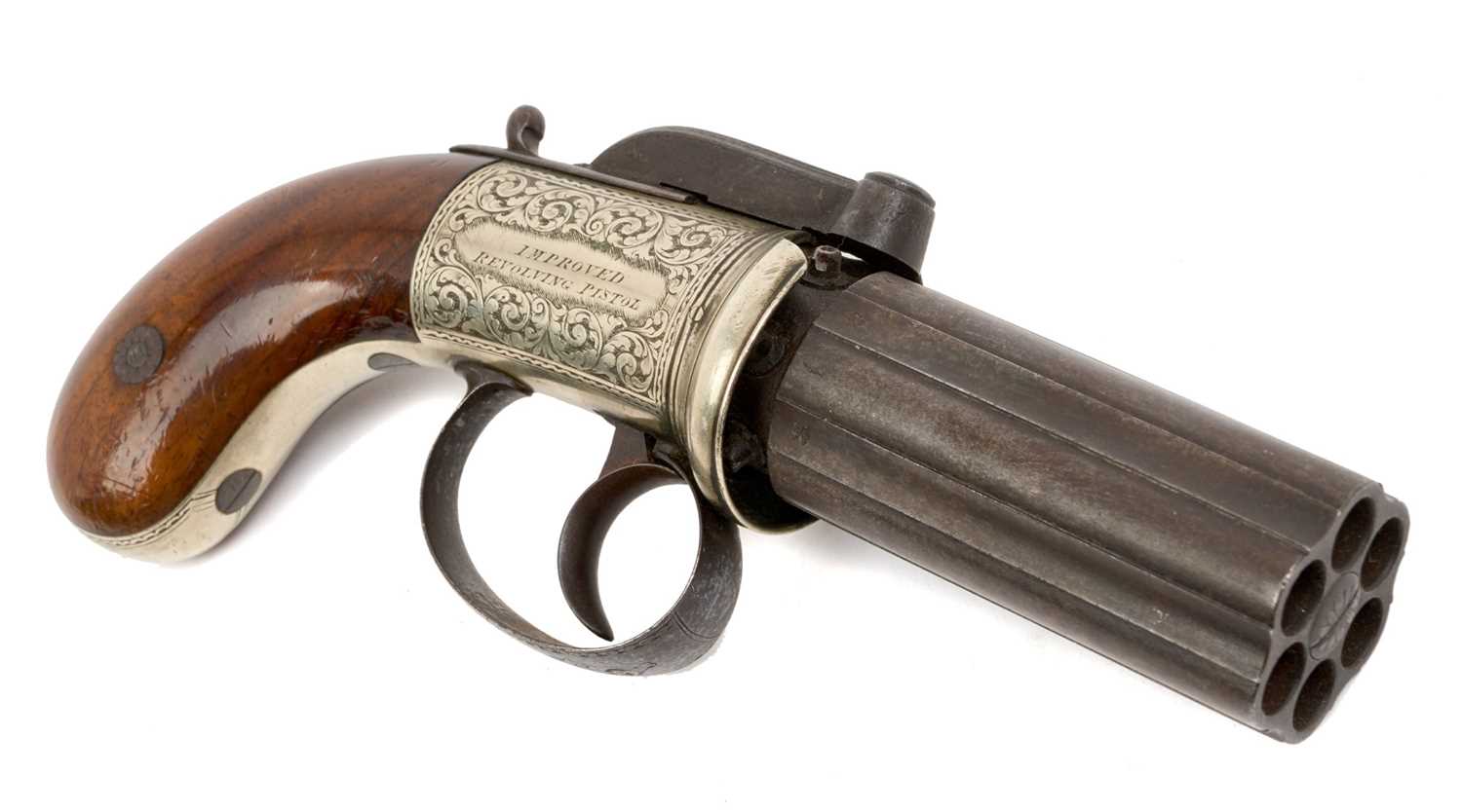 Lot 151 - Good quality Victorian percussion six shot pepper box revolver by F.Parry, 36 Lench Street, Birmingham with floral scroll engraved German silver frame ' Improved Revolving Pistol' and makers pla...