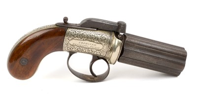 Lot 151 - Good quality Victorian percussion six shot pepper box revolver by F.Parry, 36 Lench Street, Birmingham with floral scroll engraved German silver frame ' Improved Revolving Pistol' and makers pla...
