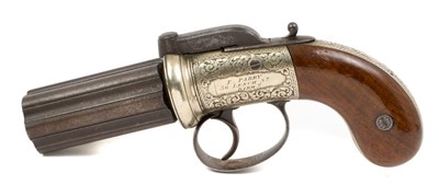 Lot 151 - Good quality Victorian percussion six shot pepper box revolver by F.Parry, 36 Lench Street, Birmingham with floral scroll engraved German silver frame ' Improved Revolving Pistol' and makers pla...