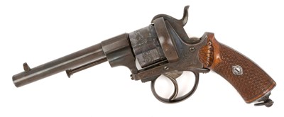 Lot 152 - Good quality French Pinfire Officer's revolver circa 1860 with floral engraved steel frame and six shot cylinder retaining much original finish, ornate carved and chequered walnut grips with stee...
