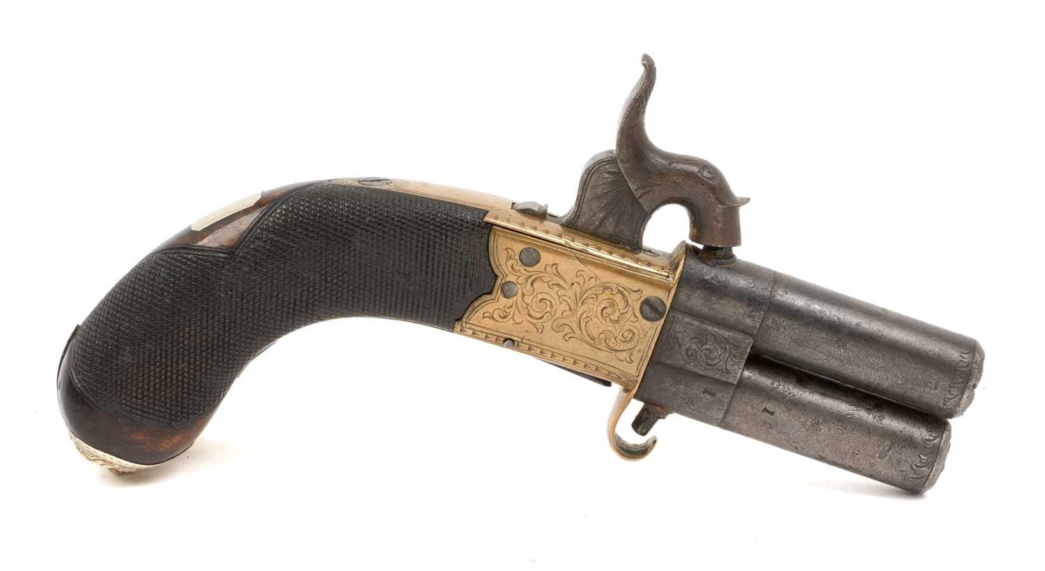 Lot 153 - Good quality late Georgian percussion double barrelled revolving pocket/ muff pistol with engraved brass box lock frame with concealed trigger, finely chequered walnut grips with silver lions he...