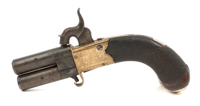 Lot 153 - Good quality late Georgian percussion double barrelled revolving pocket/ muff pistol with engraved brass box lock frame with concealed trigger, finely chequered walnut grips with silver lions he...
