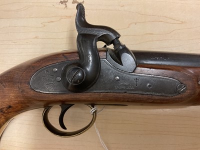 Lot 154 - Fine Victorian percussion Customs-type belt pistol retaining most original finish, Crowned VR 1855 dated Tower lock, 15cm barrel with Ordanence marks and steel swivel ramrod, walnut stock with b...