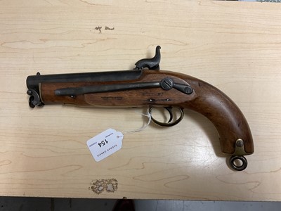 Lot 154 - Fine Victorian percussion Customs-type belt pistol retaining most original finish, Crowned VR 1855 dated Tower lock, 15cm barrel with Ordanence marks and steel swivel ramrod, walnut stock with b...