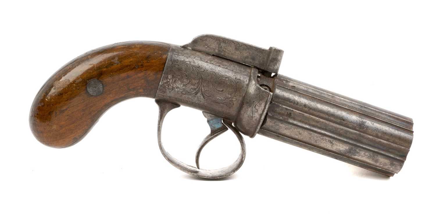 Lot 155 - Victorian percussion six shot pepper box revolver with floral scroll engraved frame, walnut grips and Birmingham proofs 20cm overall