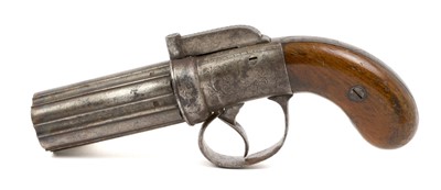 Lot 155 - Victorian percussion six shot pepper box revolver with floral scroll engraved frame, walnut grips and Birmingham proofs 20cm overall