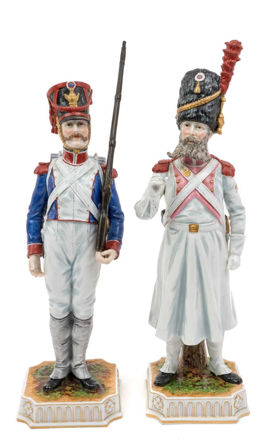 Lot 135 - Pair good quality Naples Porcelain military figures depicting a French Napoleonic infantryman with metal musket and a similar Pioneer , approx 30cm high