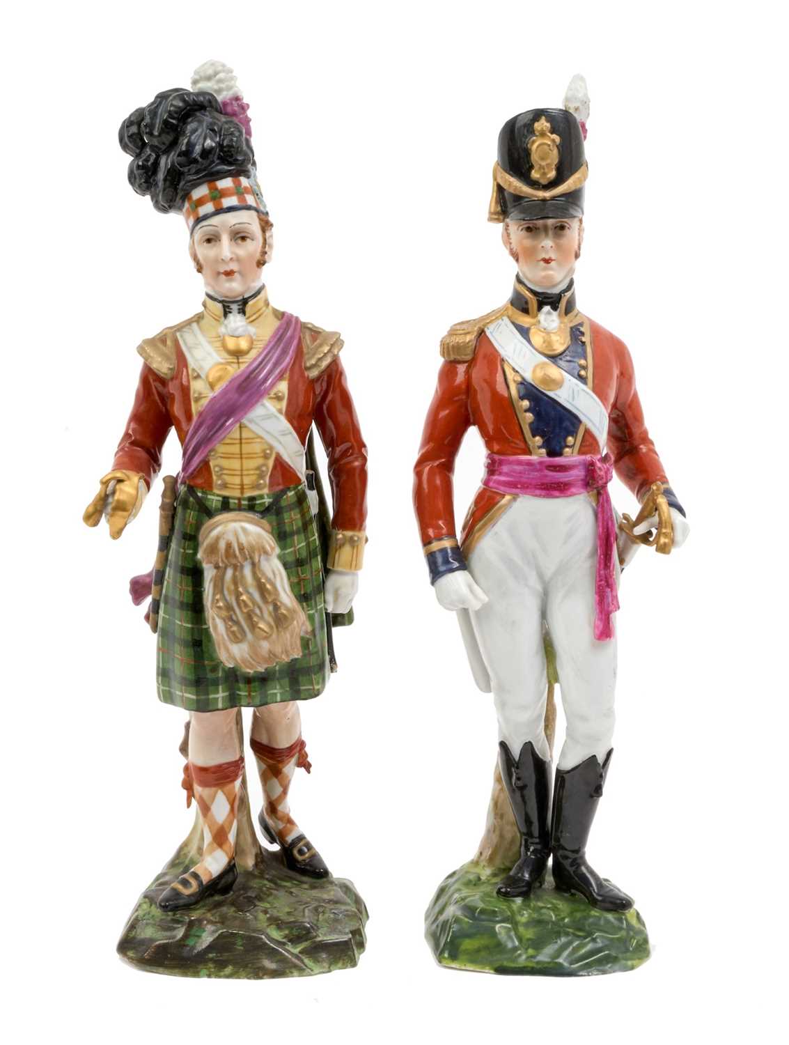 Lot 136 - Two good quality Dresden porcelain figures of British Napoleonic period Officers , entitled ' Coldstream Guards Officer Field Order 1815' 28cm and ' Seaforth Highlander To commemorate the centena...
