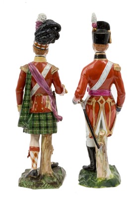 Lot 136 - Two good quality Dresden porcelain figures of British Napoleonic period Officers , entitled ' Coldstream Guards Officer Field Order 1815' 28cm and ' Seaforth Highlander To commemorate the centena...