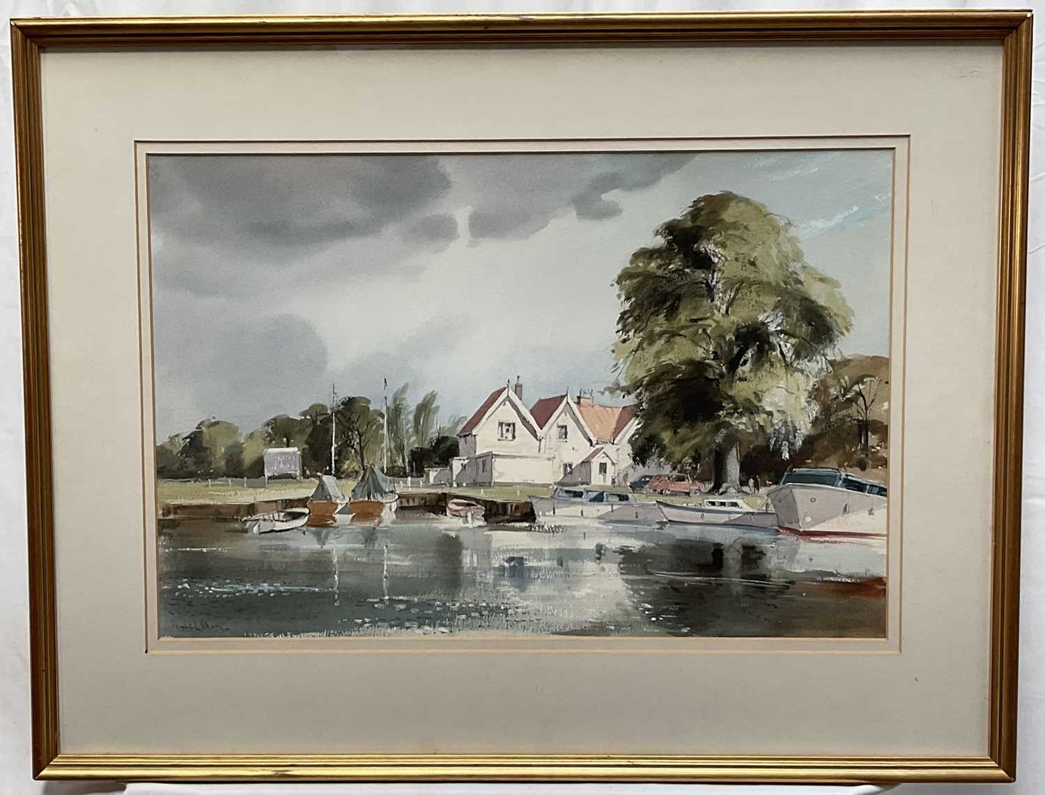Lot 1277 - Leslie Hardy Moore (1907-1997) watercolour - Surlingham Ferry, River Yare, signed, 37cm x 56cm, in glazed gilt frame