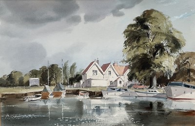 Lot 1277 - Leslie Hardy Moore (1907-1997) watercolour - Surlingham Ferry, River Yare, signed, 37cm x 56cm, in glazed gilt frame
