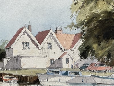Lot 1277 - Leslie Hardy Moore (1907-1997) watercolour - Surlingham Ferry, River Yare, signed, 37cm x 56cm, in glazed gilt frame
