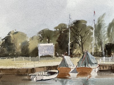 Lot 1277 - Leslie Hardy Moore (1907-1997) watercolour - Surlingham Ferry, River Yare, signed, 37cm x 56cm, in glazed gilt frame