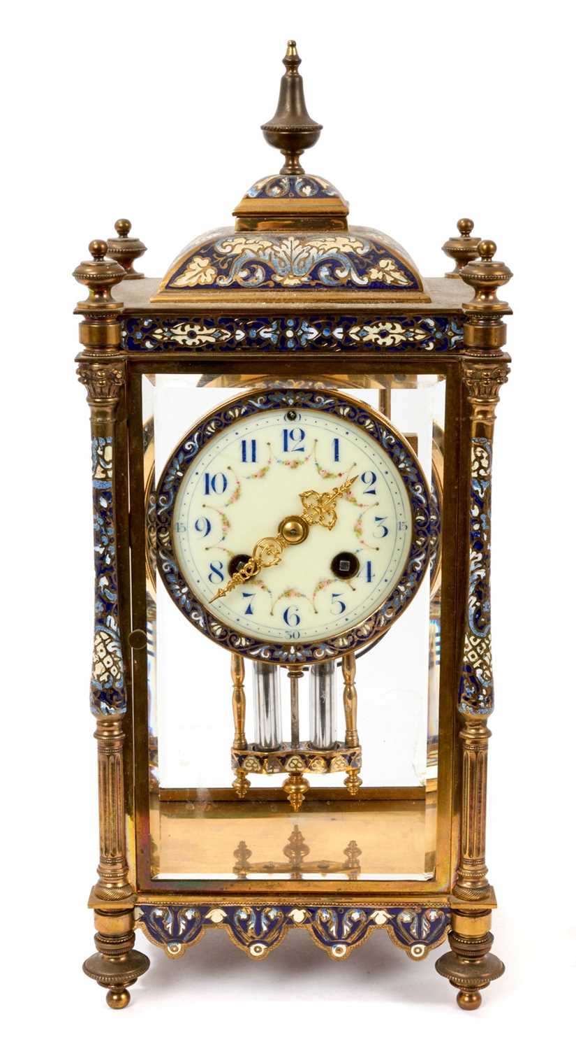 Lot 633 - Good quality Early 20th century French champlevé enamel inlaid gilt brass four glass mantel clock with French movement and mercury adjustable pendulum, 35.5cm
