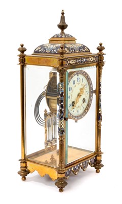 Lot 633 - Good quality Early 20th century French champlevé enamel inlaid gilt brass four glass mantel clock with French movement and mercury adjustable pendulum, 35.5cm