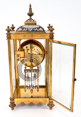 Lot 633 - Good quality Early 20th century French champlevé enamel inlaid gilt brass four glass mantel clock with French movement and mercury adjustable pendulum, 35.5cm