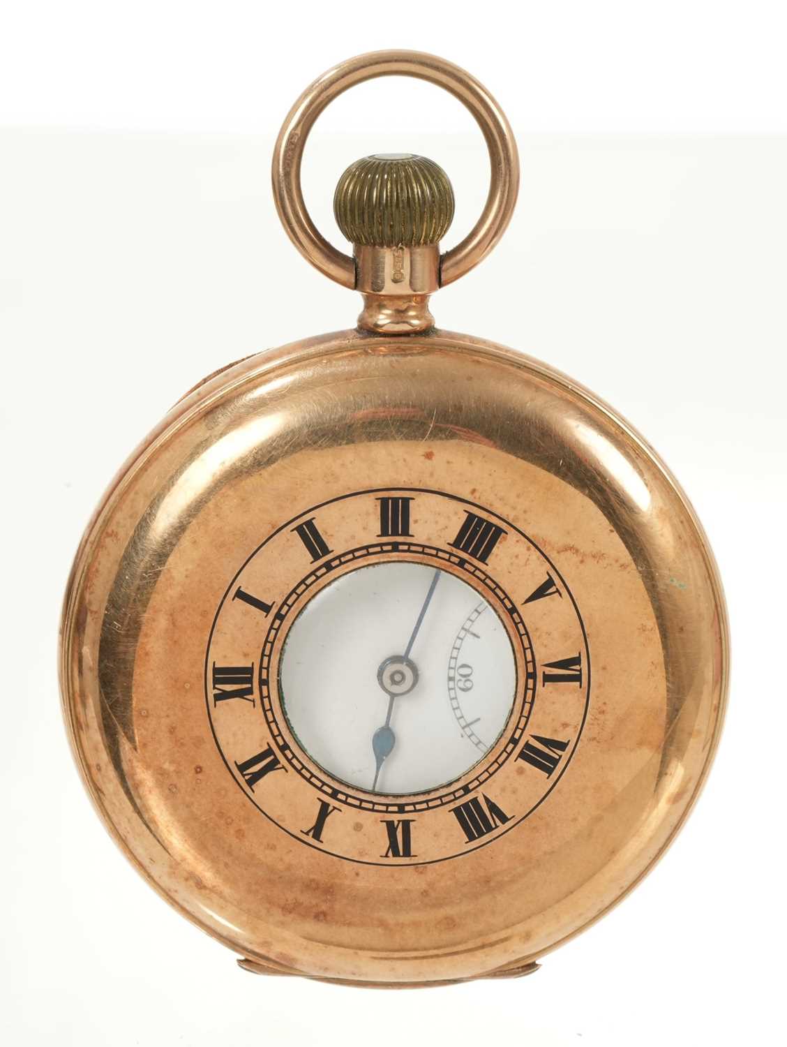 Lot 714 - 1920s 9ct gold half hunter pocket watch with Swiss button-wind movement by Syren, in 9ct gold case, Chester 1922.
