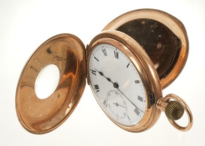 Lot 714 - 1920s 9ct gold half hunter pocket watch with Swiss button-wind movement by Syren, in 9ct gold case, Chester 1922.