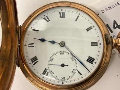 Lot 714 - 1920s 9ct gold half hunter pocket watch with Swiss button-wind movement by Syren, in 9ct gold case, Chester 1922.