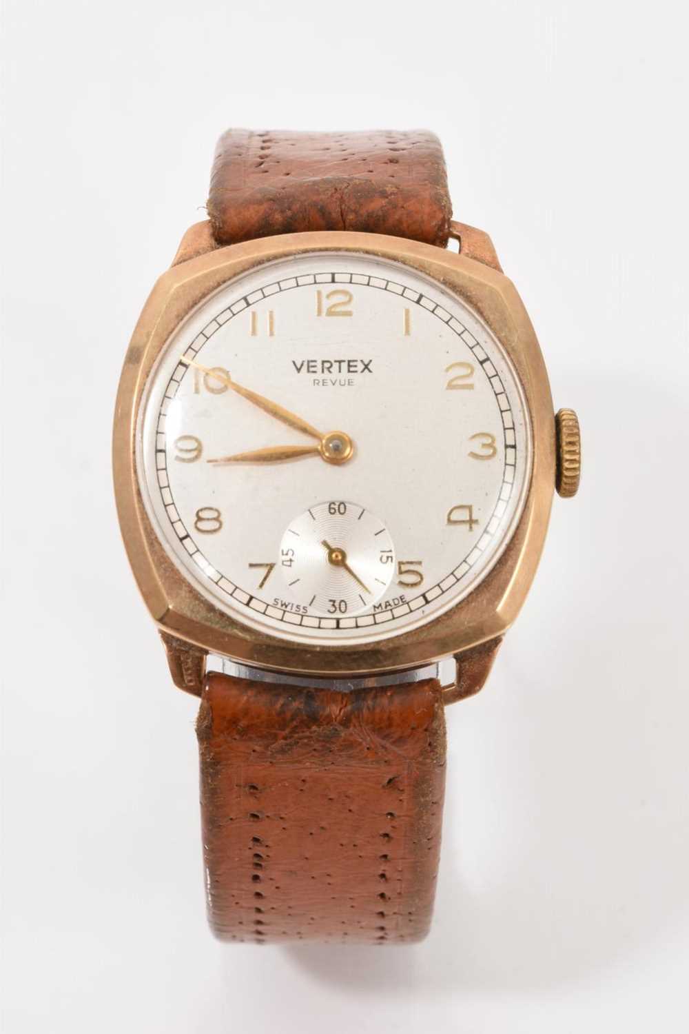 Lot 685 - Gentlemen's Vertex Revue 9ct gold wristwatch in cushion-shape case on leather strap