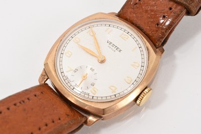 Lot 685 - Gentlemen's Vertex Revue 9ct gold wristwatch in cushion-shape case on leather strap