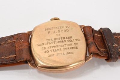 Lot 685 - Gentlemen's Vertex Revue 9ct gold wristwatch in cushion-shape case on leather strap