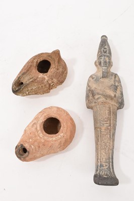Lot 979 - Group of antiquities, including an Egyptian Ushabti and two Roman oil lamps