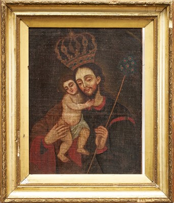 Lot 1264 - Spanish Colonial School, 18th century, oil on canvas laid on board - Saint Joseph with the Christ Child, 49cm x 39cm, in gilt frame