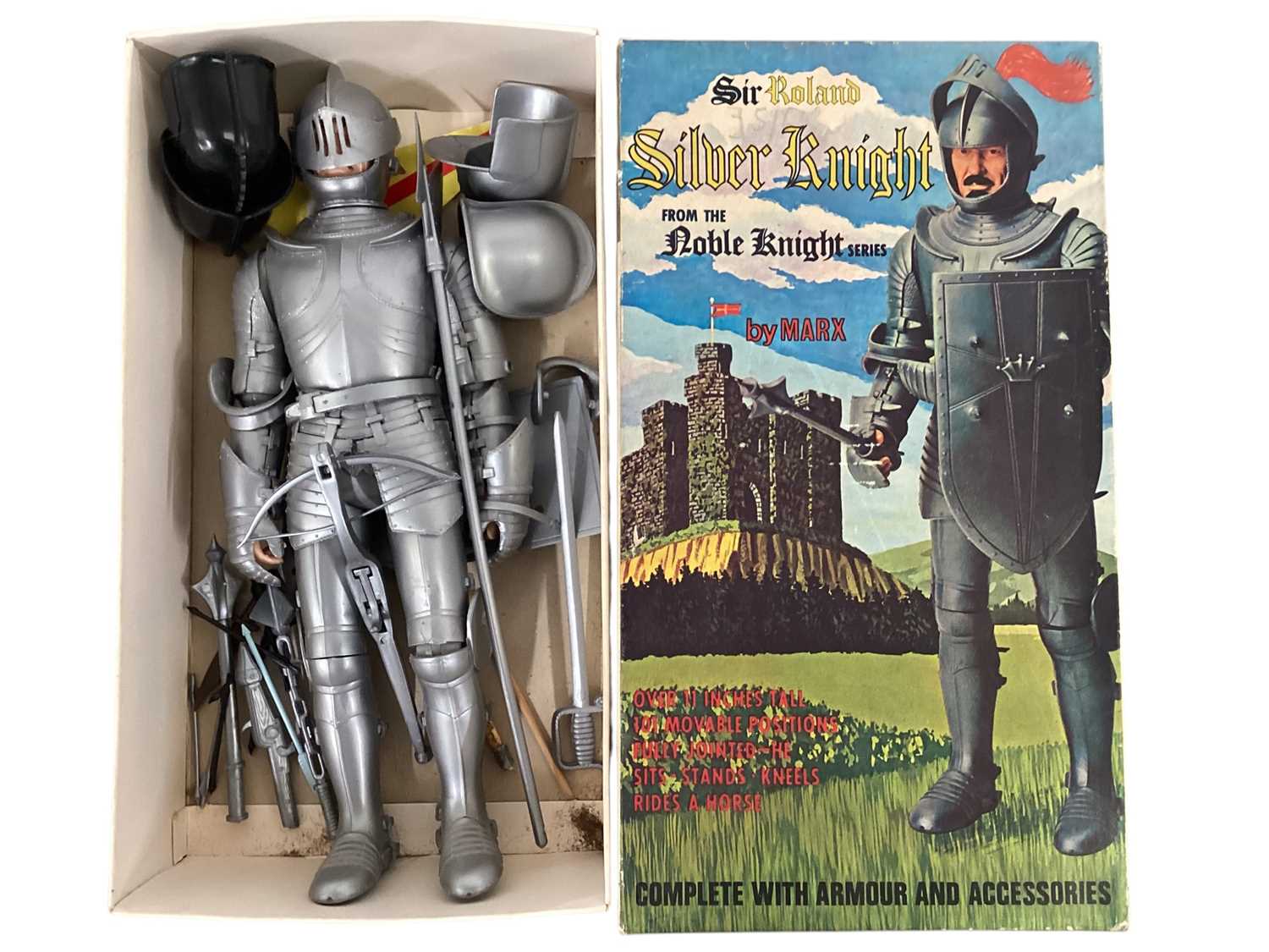 Lot 1877 - Louis Marx & Co Sir Roland Silver Knight (constructed), boxed 2080 & Sir Cedric empty box, plus Mike Hazard double agent box with some accessories, Chief Cherokee accessories & Minia...