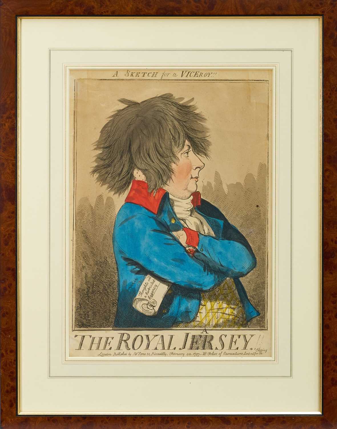 Lot 1010 - Issac Cruikshank (1756-1810) hand coloured etching - 'The Royal Jasey', published Feb. 22nd 1797 by Fores, BM 8988, 36cm x 25.5cm, together with another 'The Fall of Phaeton - The Blow Up of the...